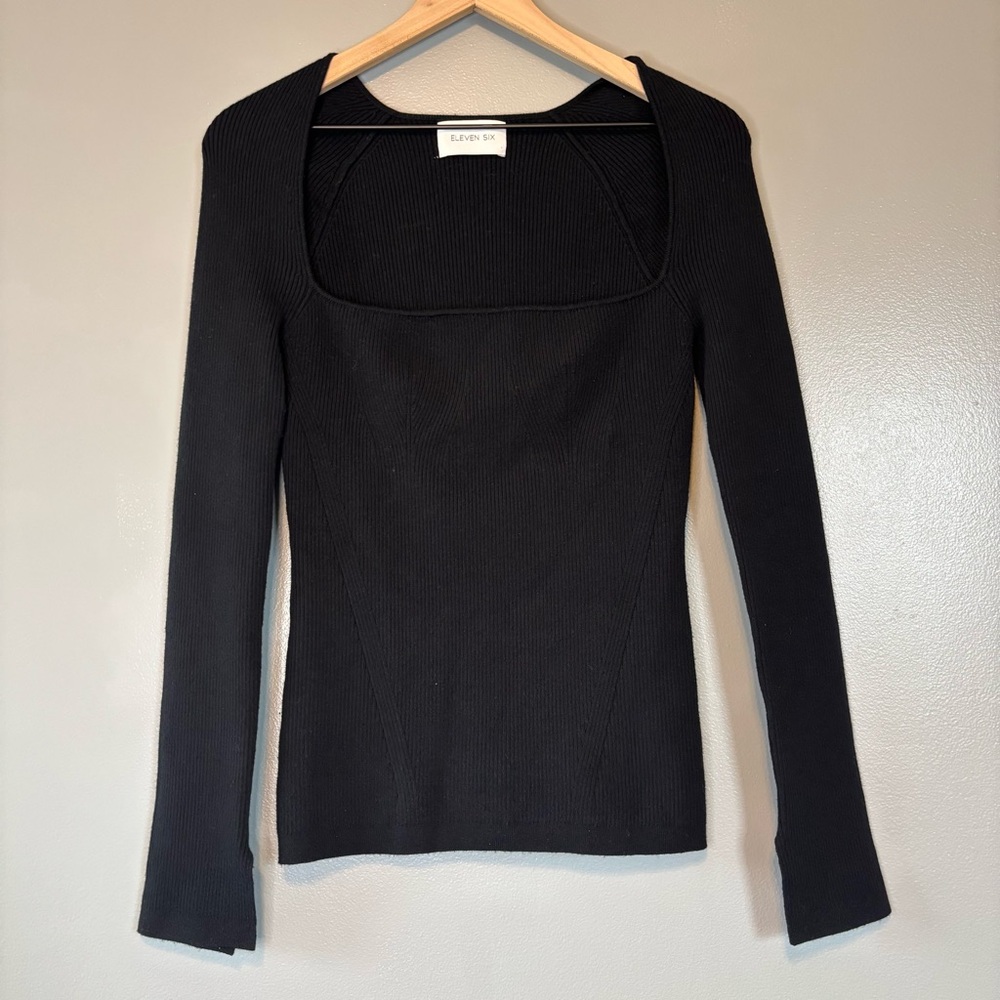 Eleven Six Medium Elle Square Neck Bodycon Rib Knit Cashmere Blend Sweater Black - Picture 2 of 6